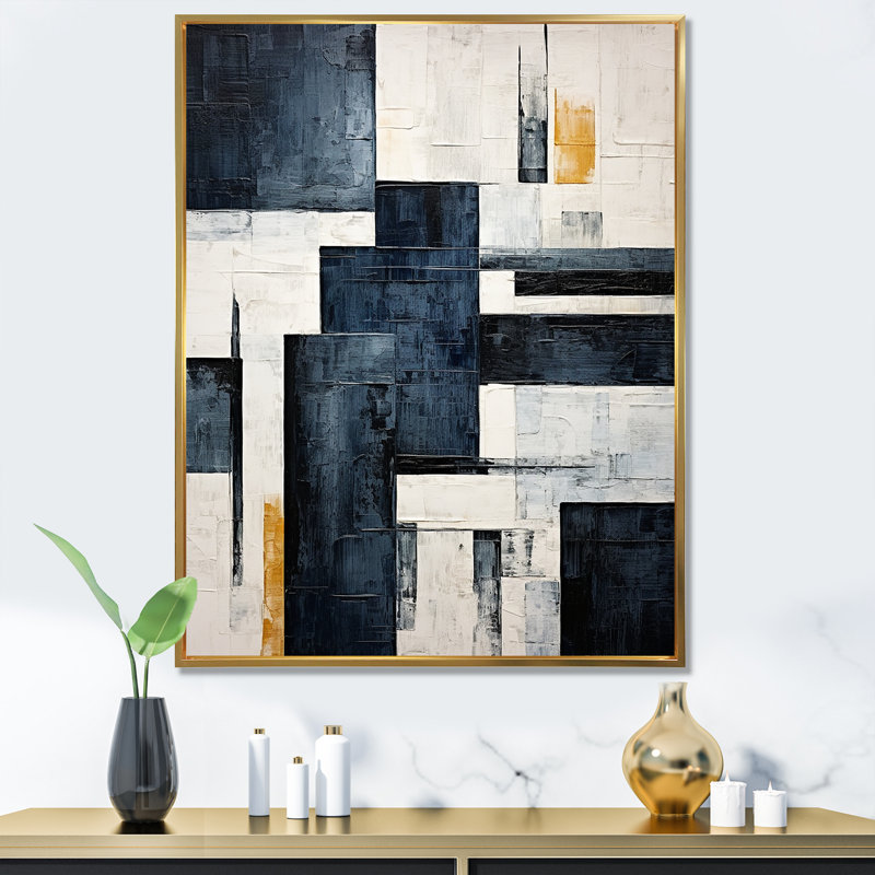 Indigo Illusion Abstract Shapes VI - Reproduction sur toile de formes abstraites, Cadre flottant doré