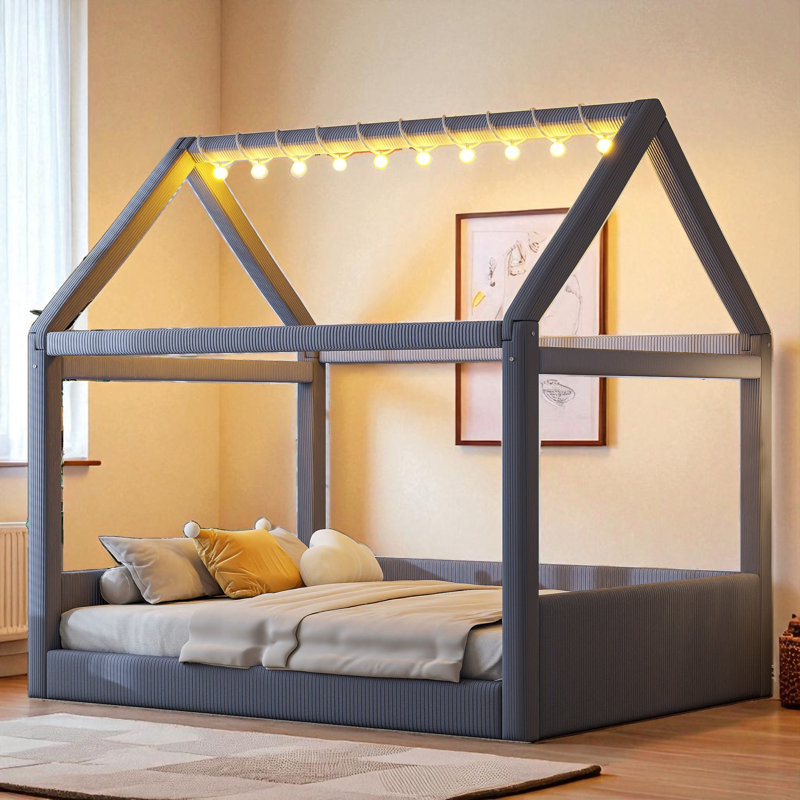Full Size Upholstered House Platform Bed With LED Light, Gray