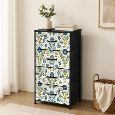 Commode à 4 tiroirs pour chambre à coucher à motif floral bleu botanique feuilles vertes accents jaunes petite commode à vêtements rétro pour organisateurs de placard avec commode