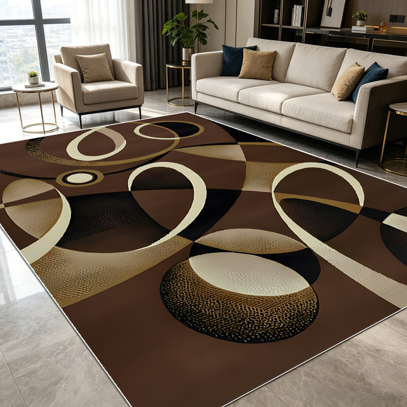 1PC Modern Abstract Geometric Circle Brown Tan Cream Black area rugs for Living Room, Soft and Comfortable, Suitable for all seasons, easy-to-maintain, machine washable Indoor floor mat, Under Table Farmhouse suitable for dining table, bedroom,