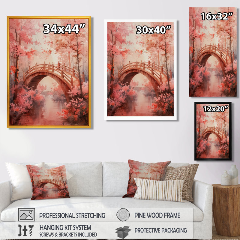 «Pink Brown Spring Bridge of Dreams Blooms IV», reproduction d'art mural, Cadre simple noir, H 24 po x l 32 po