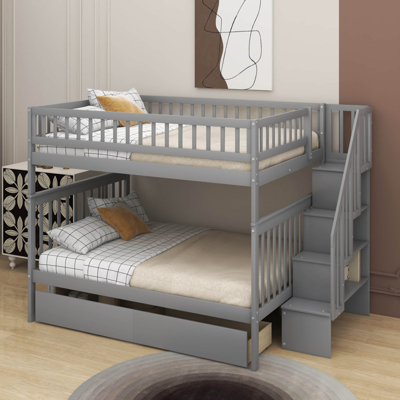 Lit double superposé au dessus d'un lit double avec tiroirs, Gris