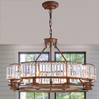 8-Light Dimmable Wagon Wheel Chandelier, Dual-Mount (Flush/Pendant) Brown K9 Crystal Rustic Pendant Light for Dining Room, Living Room