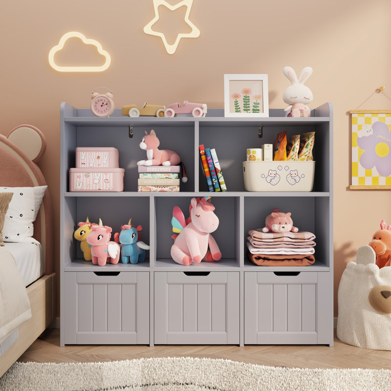 Bibliothèque pour enfants et armoire de rangement pour jouets, cloison ouverte à deux couches, trois tiroirs avec poulies, structure en bois sécuritaire, imperméable et facile d'entretien, gris