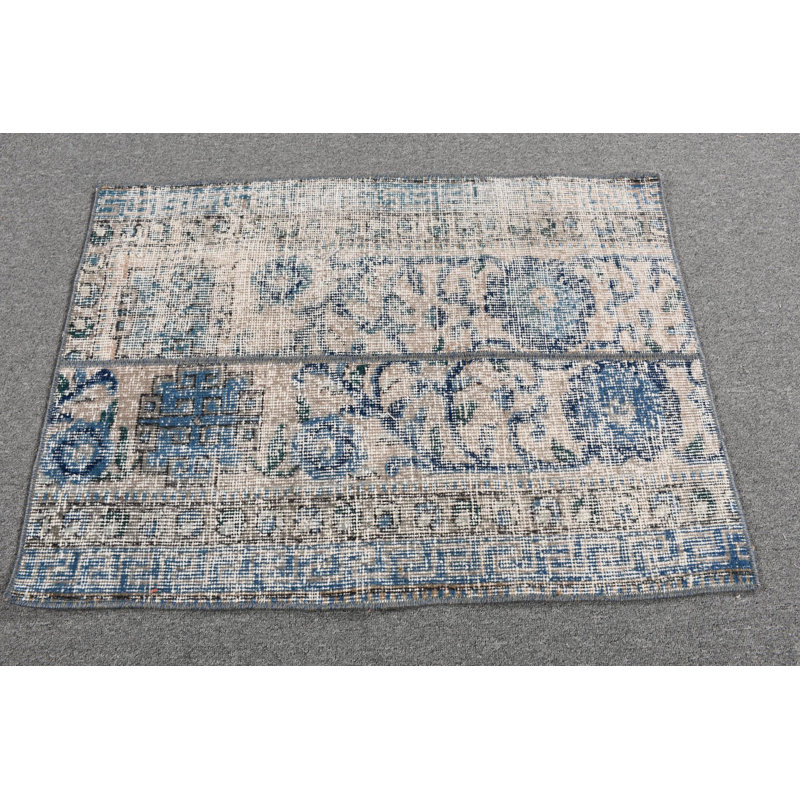 Handmade Vintage Turkish Door Mat in Blue Floral Design for Elegant Rustic Decor
