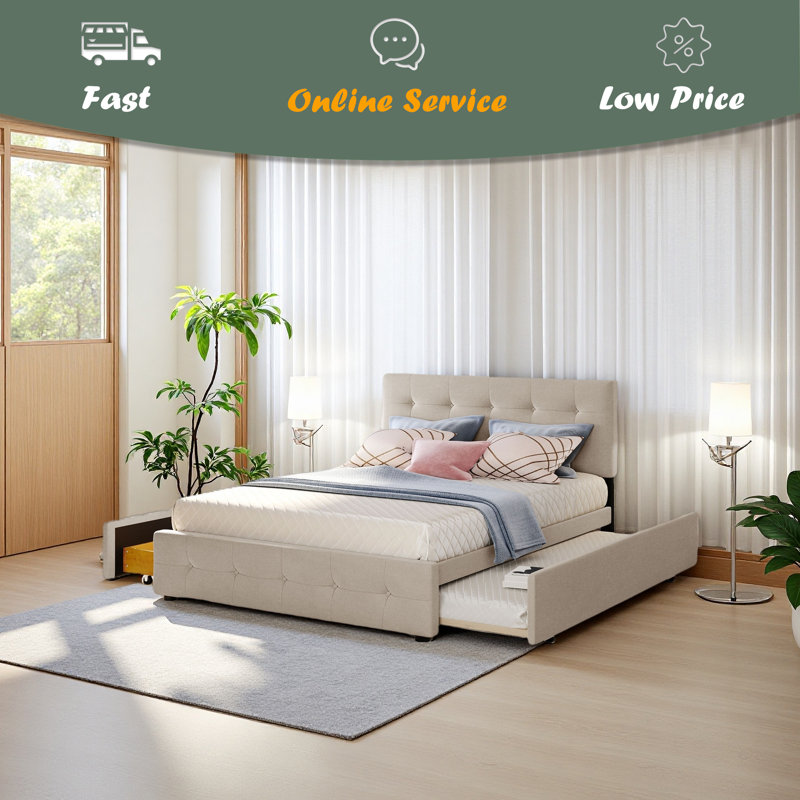 Lit plateforme tapissier avec 2 tiroirs et 1 lit gigogne simple TG, tissu de lin, grand, Beige foncé