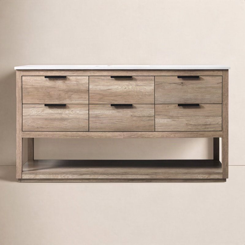 Felicity 60 " W Freestanding Standard 1 Single Vanity Bathroom Vanity With Engineered Marble Top, Natural Oak