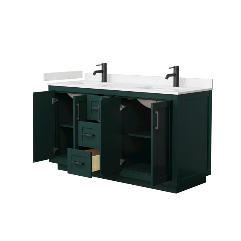 Miranda 60" Freestanding Double Bathroom Vanity with Cultured Marble Top, Matte Black, Carrara Cultured Marble, Green