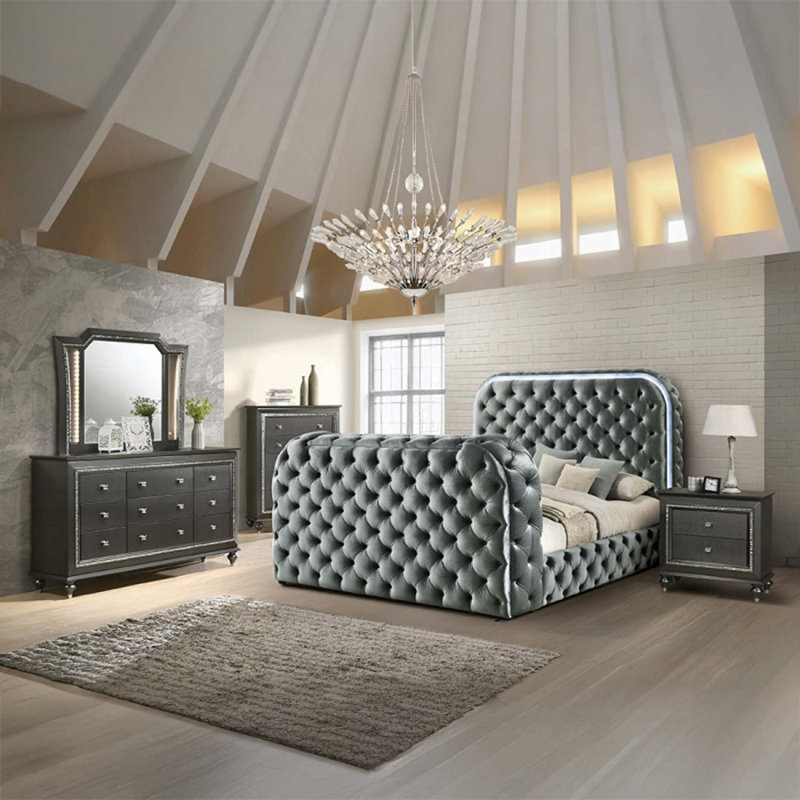 Très grand lit Kana Eastern avec foyer, meuble télé, velours gris, gris, Très grand
