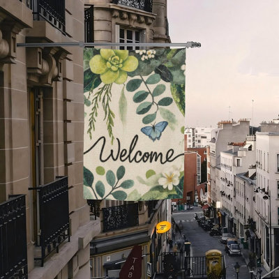 Greenery Butterfly Welcome Flag, for Indoor & Outdoor, 35 x 24