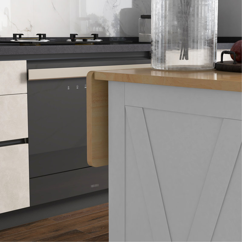 White Kitchen Cart With Folding Drawer - 2 Drawers, Adjustable Shelves For Dining Room Rolling Extendable Top Drawers & Area
