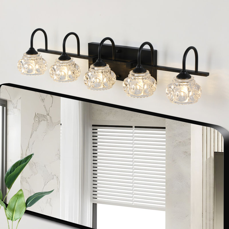 Meuble-lavabo de salle de bain à 5 abat-jour en cristal noir avec finition noire. Fixation murale pour salle de bain, vestiaire. Fer et cristal, 110 à 120 V, 5 ampoules G9 non fournies, 60 W maximum pour chaque ampoule - 5 lumières, avec