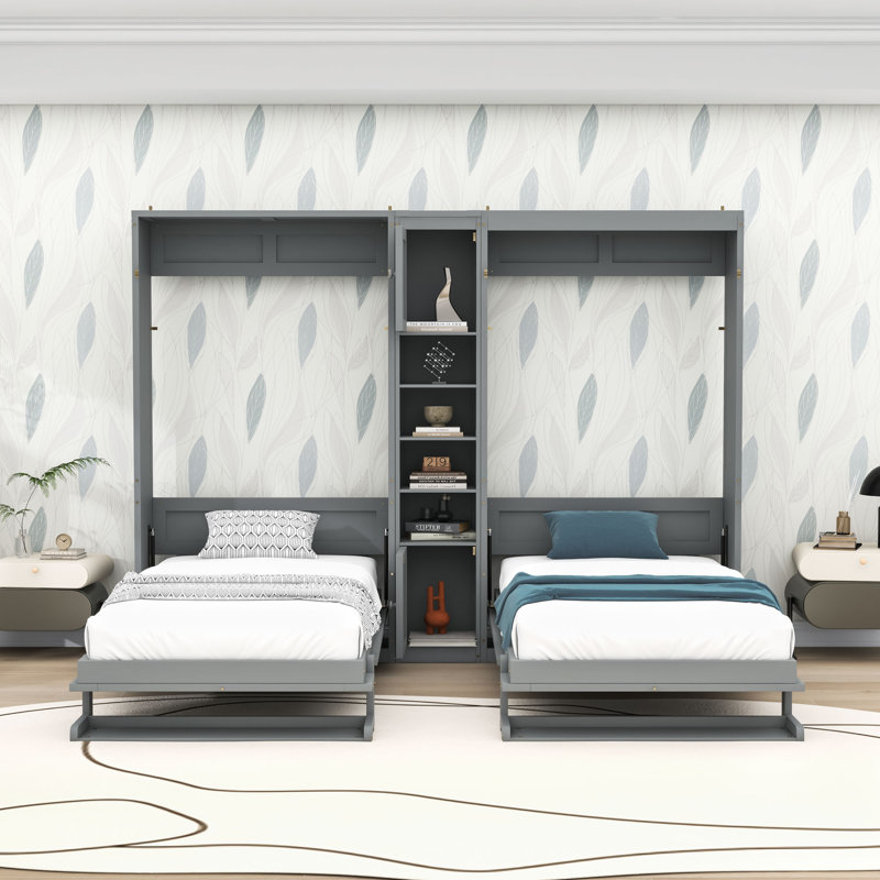 Deux lits simples escamotables avec armoires et tablettes, Gris