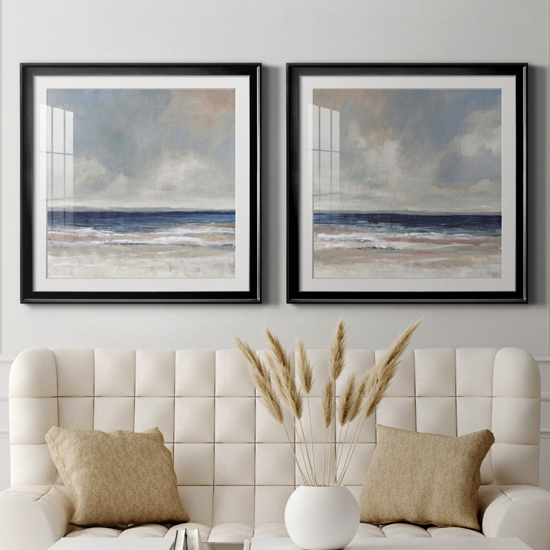 «Distant Land I», ensemble de 2 reproductions d'art encadrées, Papier encadré noir, H 26,5 po x l 53 po x P 1,5 po, Blanc