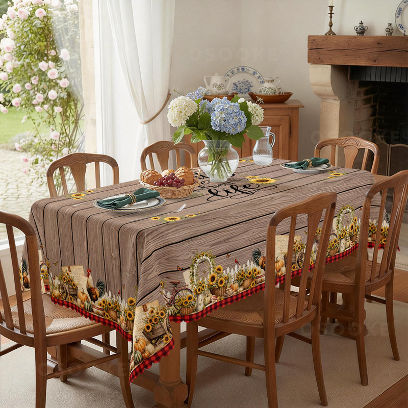 Nappe « La vie à la campagne est la meilleure », nappe rustique à carreaux de style ferme, décor citrouille et tournesol