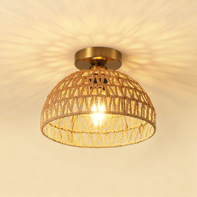 Kaissen 1-E26 Light Bulb Rattan Handmade Farmhouse Semi Flush Mount Ceiling Light