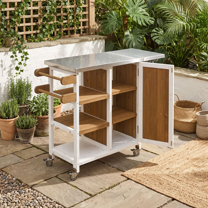 Chariot pour îlot de cuisine en acier inoxydable avec roues verrouillables, armoire de rangement et tablettes ouvertes