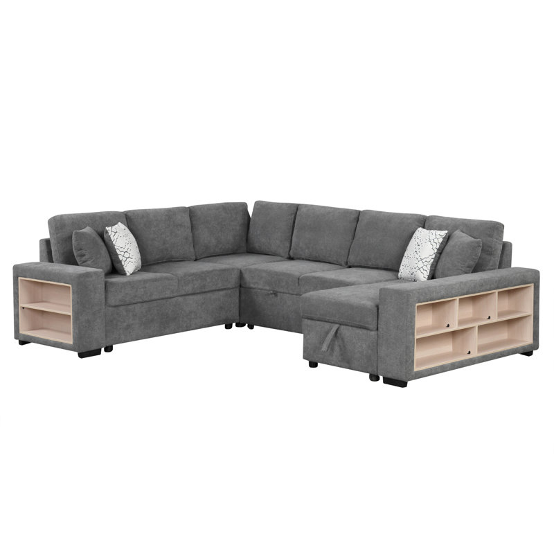 109" U-Shaped Sectional Sofa Pull-Out Sofa Bed With Two Usb Ports, A Storage Chaise Lounge And Four Back Pillows For Living Room