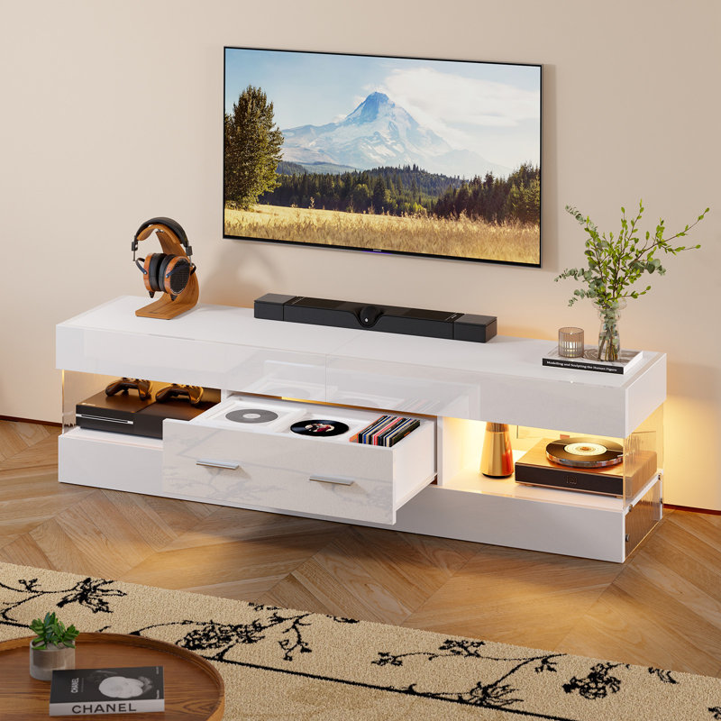 Modern Tv Stand For Tvs Up To 70" With Led And Drawer, White, 40cm H x 152.4cm W x 35cm D