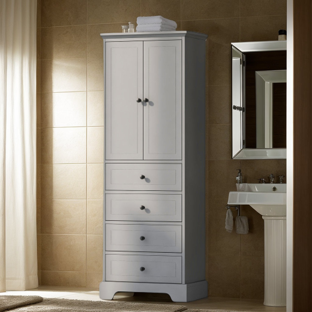 Tall Storage Cabinet With Doors & 3 Drawers - Freestanding Bathroom/Kitchen Organizer With Adjustable Shelves, White