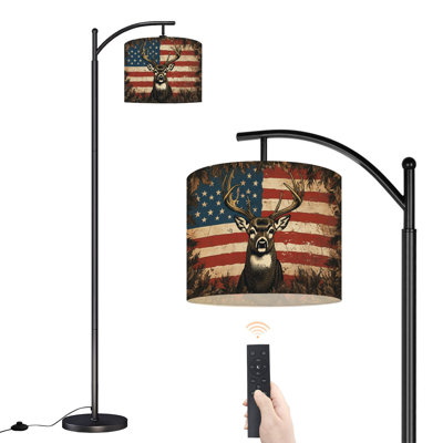 Lampe sur pied à arc avec bois de cerf et drapeau américain patiné avec lampes à DEL rétro avec abat-jour à DEL réglable