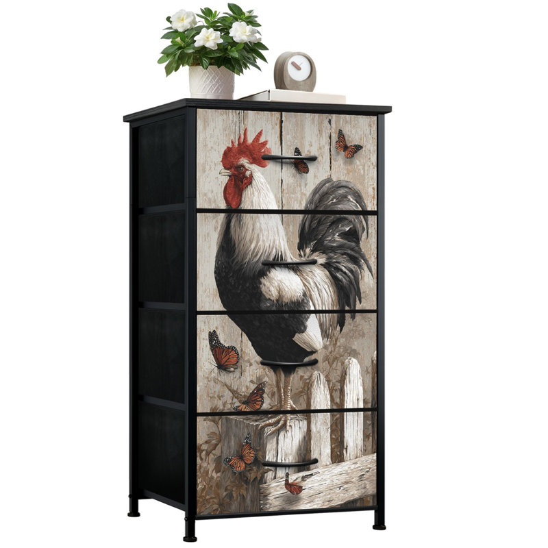 Commode rustique pour chambre à coucher avec 4 tiroirs de rangement Rustic Rooster Butterflies Commodes en bois pour clôture