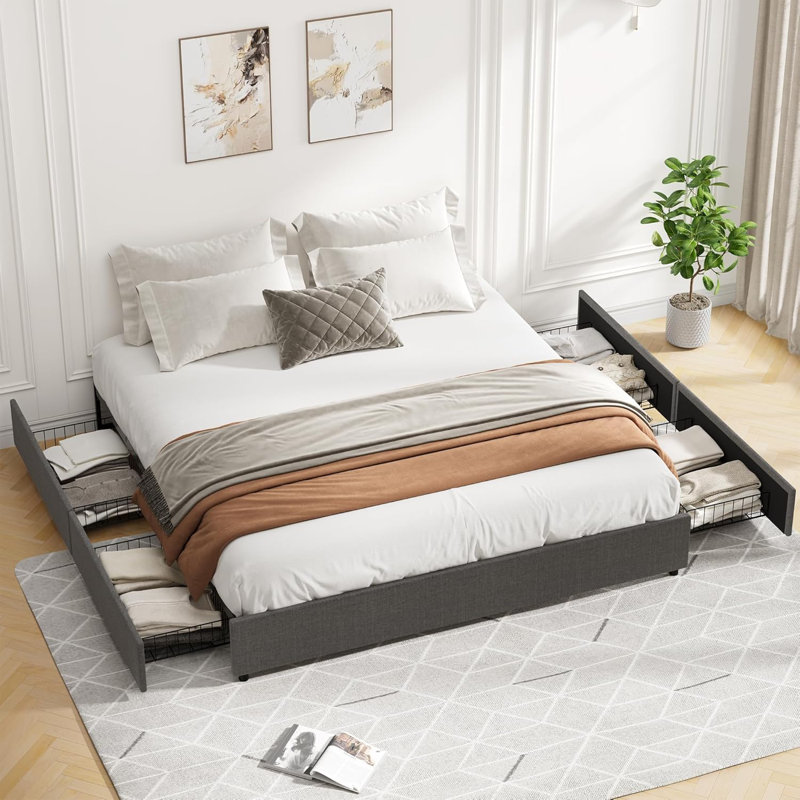 King/Queen/Full Size Bed Frame with 4 Storage Drawers, Platform Bed Frame with Mattress Foundation, King, Dark Gray