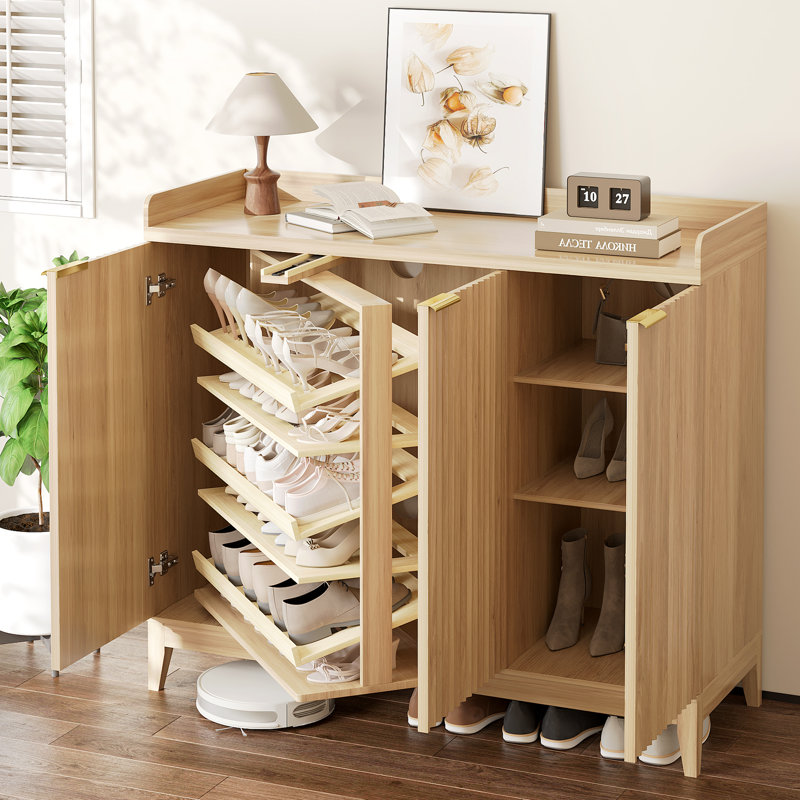 47.3" W 5-Tier Shoe Cabinet With 360°Rotating Shoe Rack And Adjustable Shelves, Freestanding Shoe Storage Cabinet, Oak