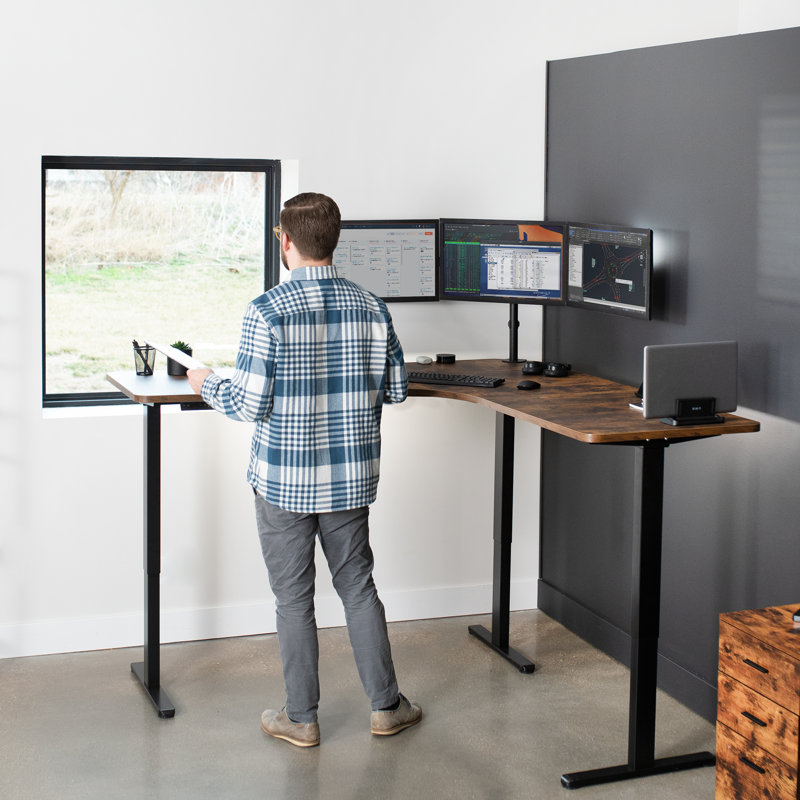 Rustic Vintage Brown L-Shaped Electric Adjustable Standing Desk