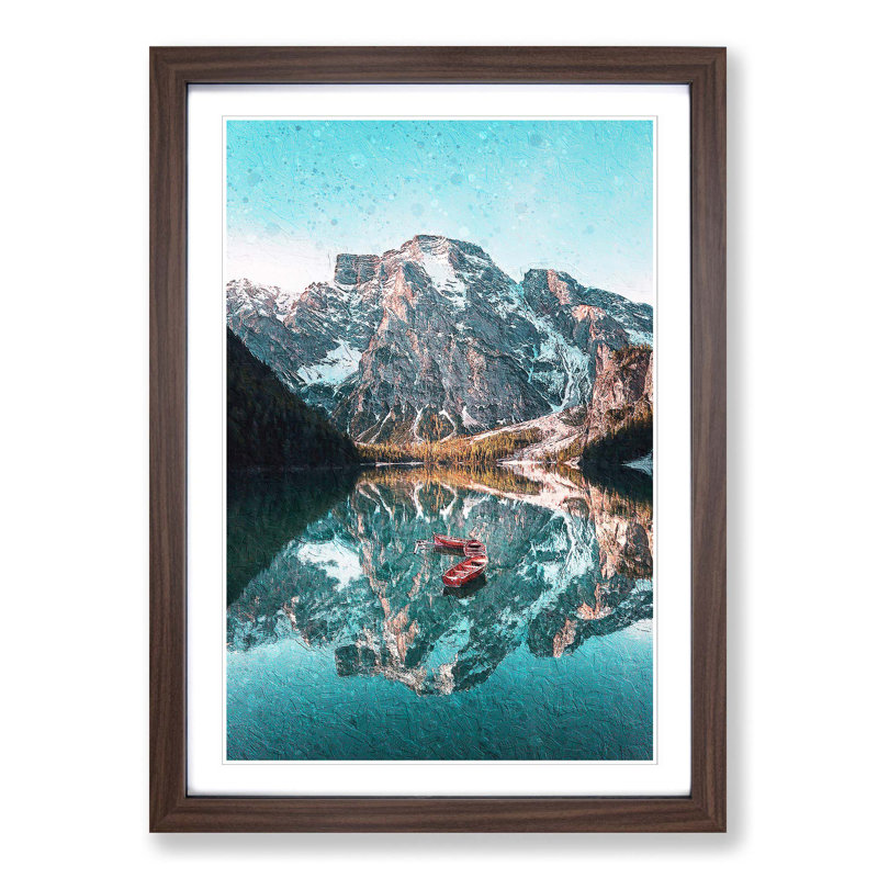 Boats in Lago Di Braies Italy in Abstract - Picture Frame Painting Print, Walnut Framed, 48cm H x 36cm W x 2cm D