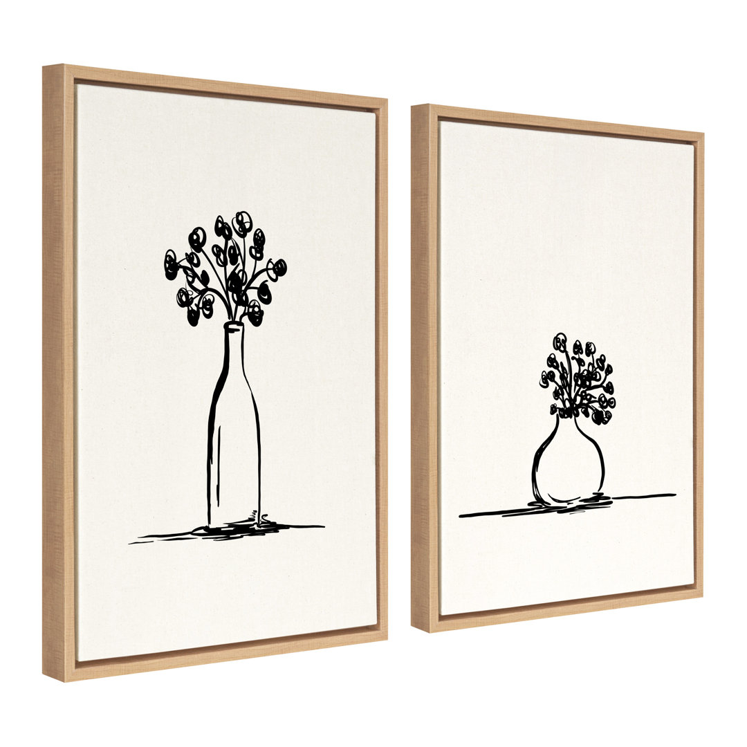 Still Life Sketched Botanical Flower Vase 1 & Still Life Sketched Botanical Flower Vase 2 by The Creative Bunch Studio Framed Canvas Wall Art Set Lark Manor™ 