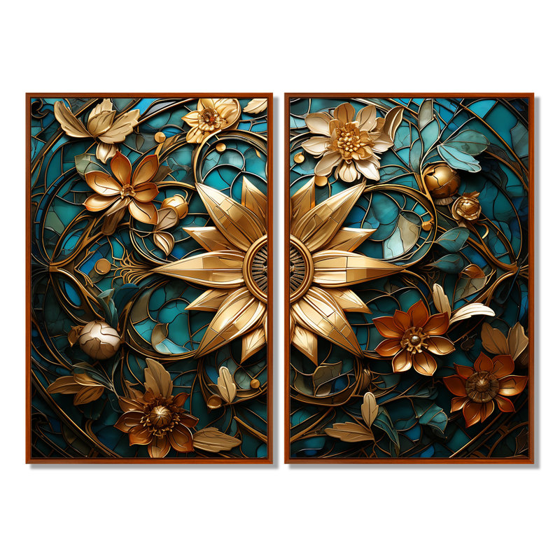 Décoration murale rétro dorée et sarcelle 3D - décoration murale dorée, H 36 po x l 48 po, Cadre flottant, Brun