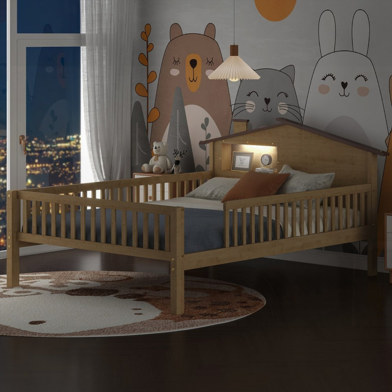 Lit plateforme double en bois avec tête de lit en forme de maison, ampoule à DEL Rangement intégré, naturel (aucun sommier requis, robuste et durable)