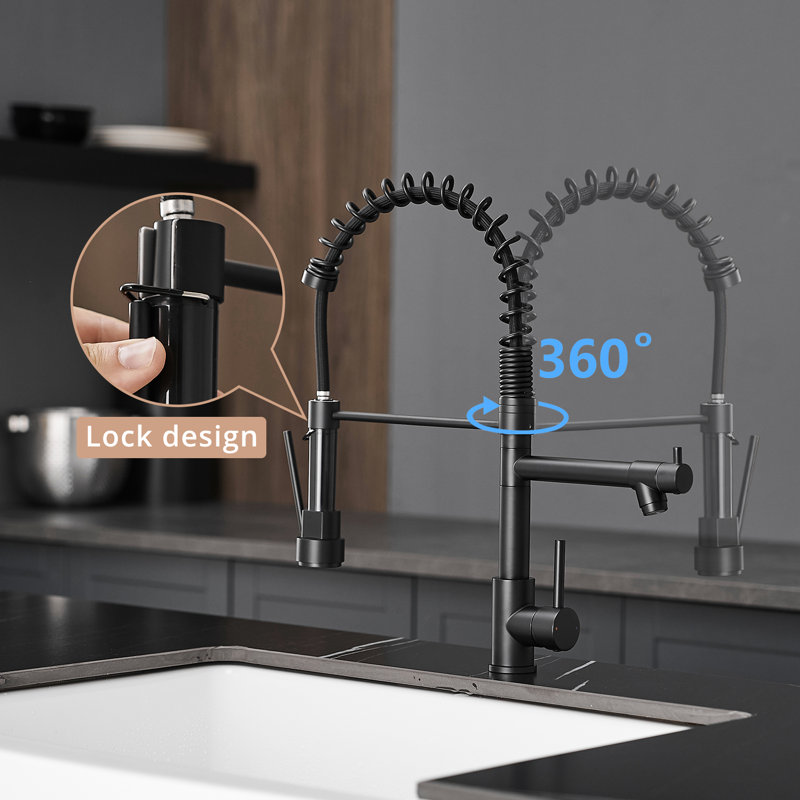 Robinet de cuisine en acier inoxydable 304 avec distributeur de savon, noir, rétractable, monotrou, poignée, plaque commerciale