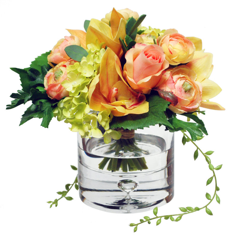 Ranunculus Orchid Floral Arrangement in Vase, Pink/Green