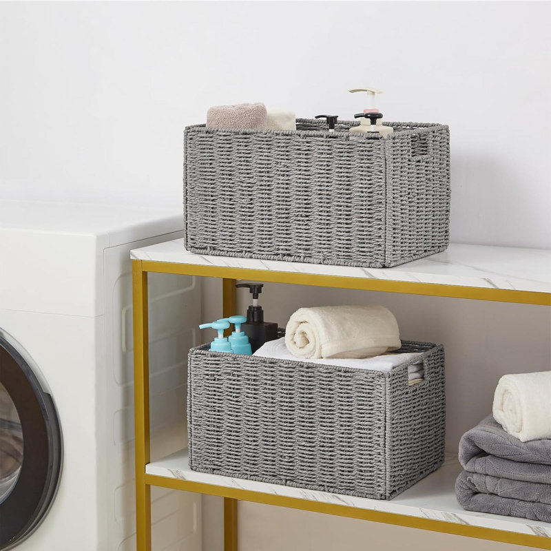 Storage Basket, Set Of 2 Hand-Woven Paper Rope Basket, Small Storage Baskets For Organizing Toilet Paper Basket, Foldable Large Cube Storage Organizer Bins For Shelves