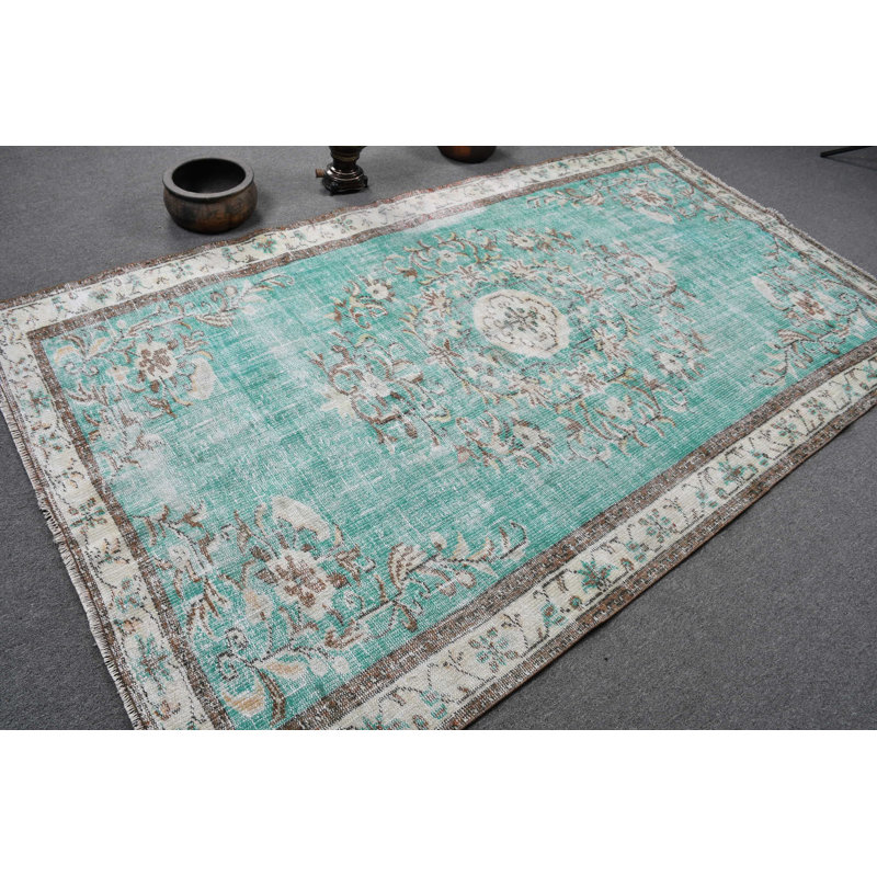 Tapis turc rétro fait à la main de style Oushak vintage pour salon en beige / vert