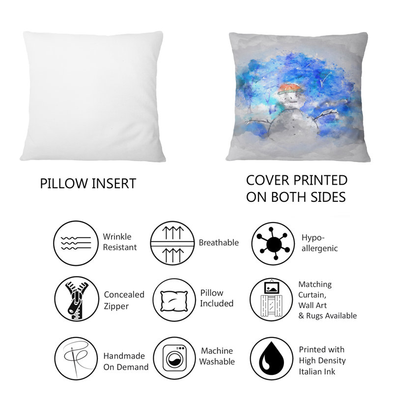 Coussin Snowman In Blue Winter Forest, 16 po x 16 po