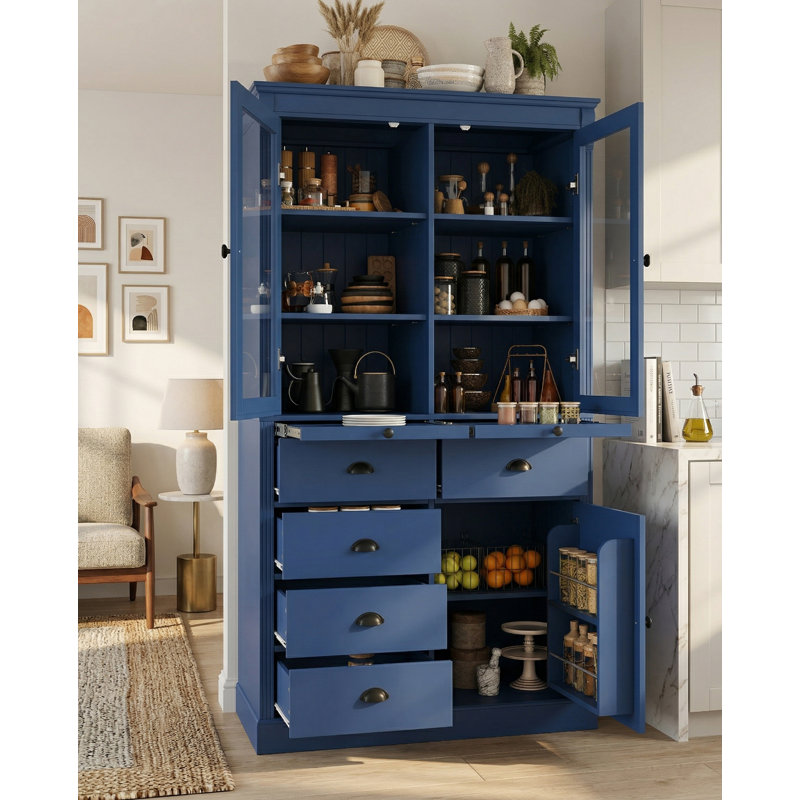 Armoire de cuisine 72 po H, armoire à café moderne avec plateaux de service, Navy