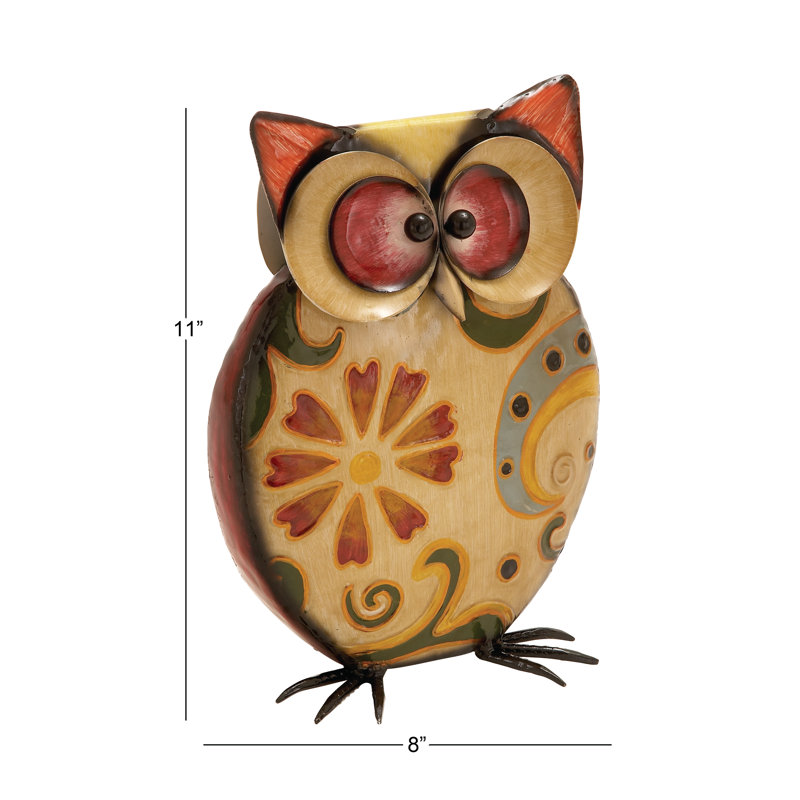 Alfkil Metal Indoor Outdoor Owl Decorative Yellow Garden Sculpture with Floral Pattern