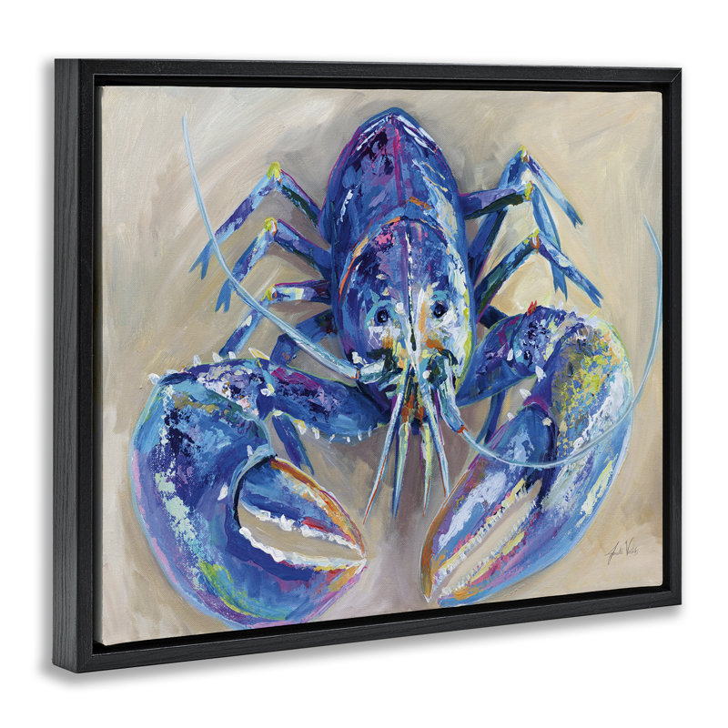 "Blue Lobster Impression", art mural encadré par Jeanette Vertentes, Cadre flottant noir de jais, H 17 po x l 21 po