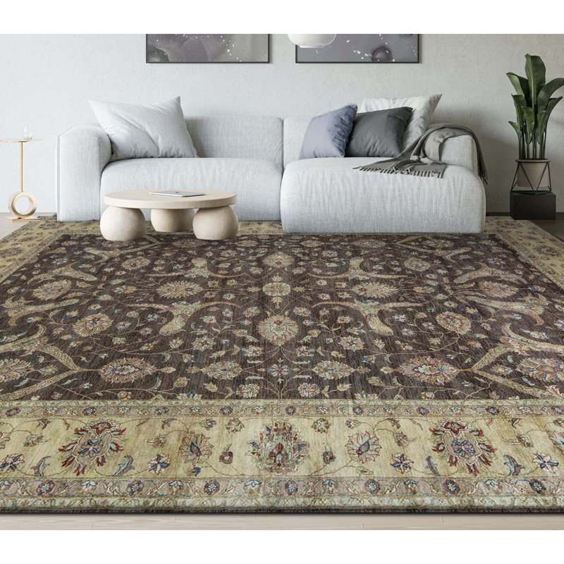 Tapis brun et beige de haute qualité noué à la main