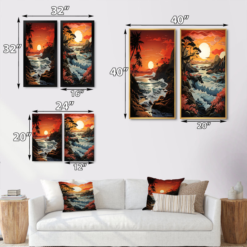 «Beach Crimson Sunset Papercut», 2 pièces, Cadre blanc, H 40 po x l 40 po