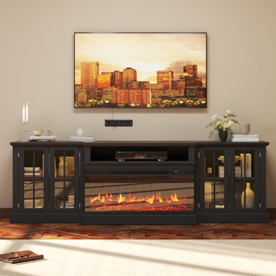Meuble télé de style ferme de 87 pouces avec foyer de 36 pouces pour salon, centre multimédia avec étagères réglables et grands placards de rangement, compatible avec les téléviseurs jusqu'à 90 pouces.
