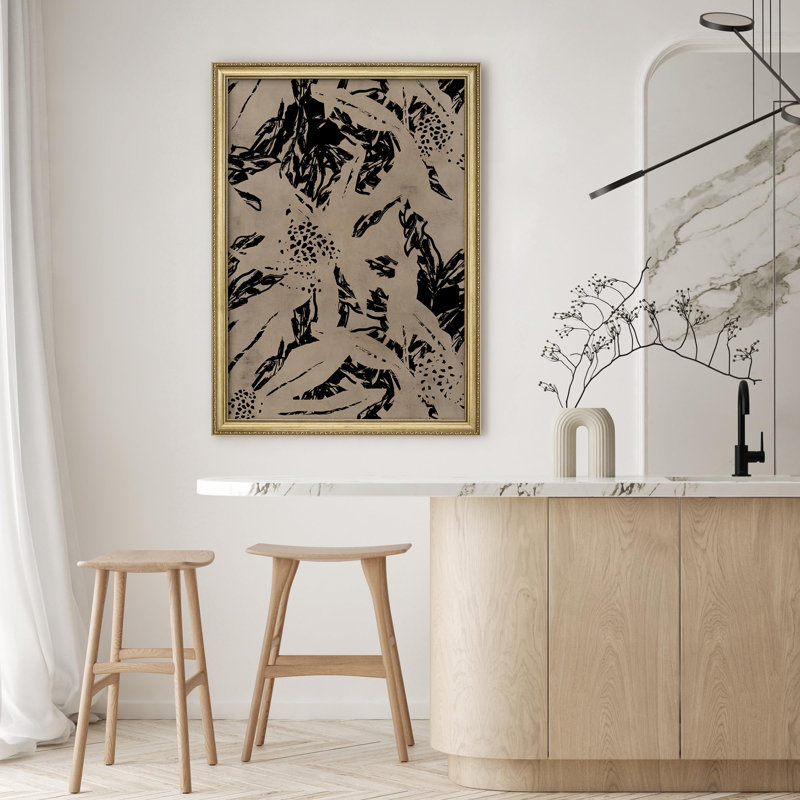 "Motif floral abstrait noir rustique maison de campagne rustique encadrée or", Non
