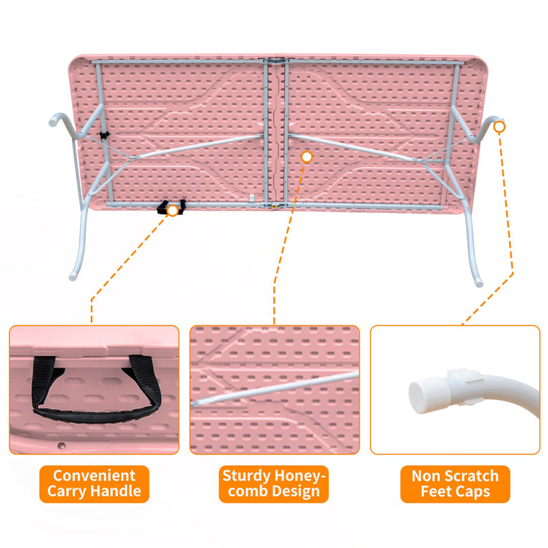 6Ft Folding Table, Portable Plastic Table, Patio Table, Gray, Pink