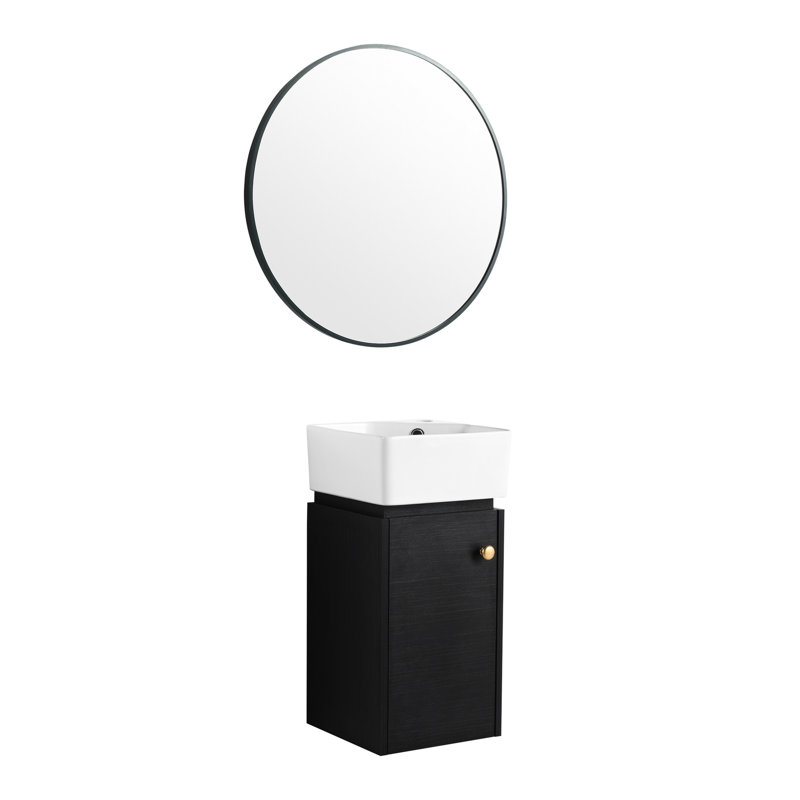 Meuble-lavabo de salle de bain avec lavabo en céramique, taille compacte de 12 pouces, fixation murale, châtaignier noir, petit 12 x 12 x 24,1 po, porte à fermeture en douceur, surface
