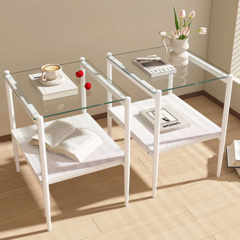 Tables de bout modernes en verre trempé de 2 pour un salon confortable avec un design d'espace, Transparent, Blanc