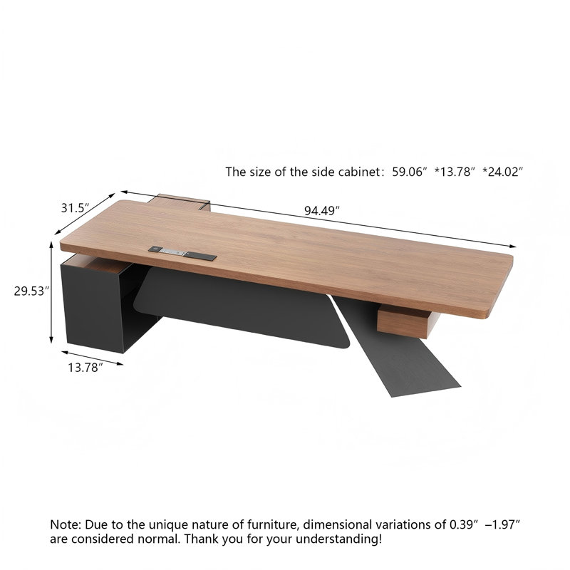 Bureau de direction en L 94,49 po en bois massif, H 29,53 po x l 94,49 po x P 31,5 po