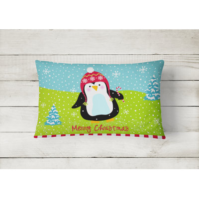  Merry Christmas Happy Penguin Fabric Indoor/Outdoor Throw Pillow
